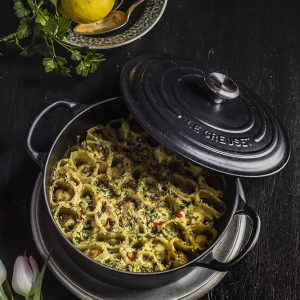 paccheri gratinati con polpette di gamberi e spezie